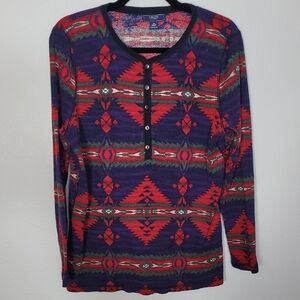 Chaps Womens Southwestern Aztec Thermal Long Sleeve Top Size 1X 100% Cotton